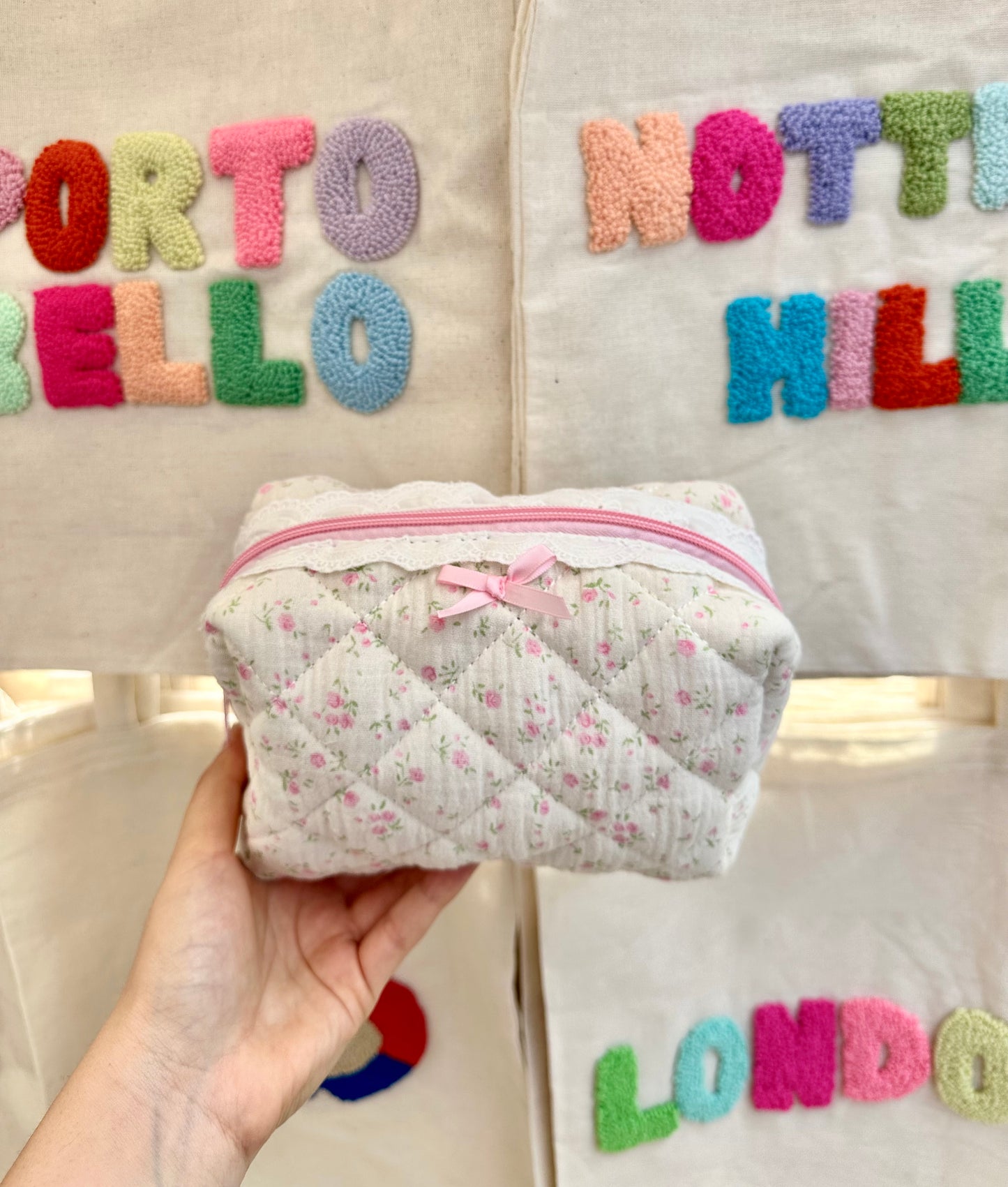 Pink floral bow makeup bag