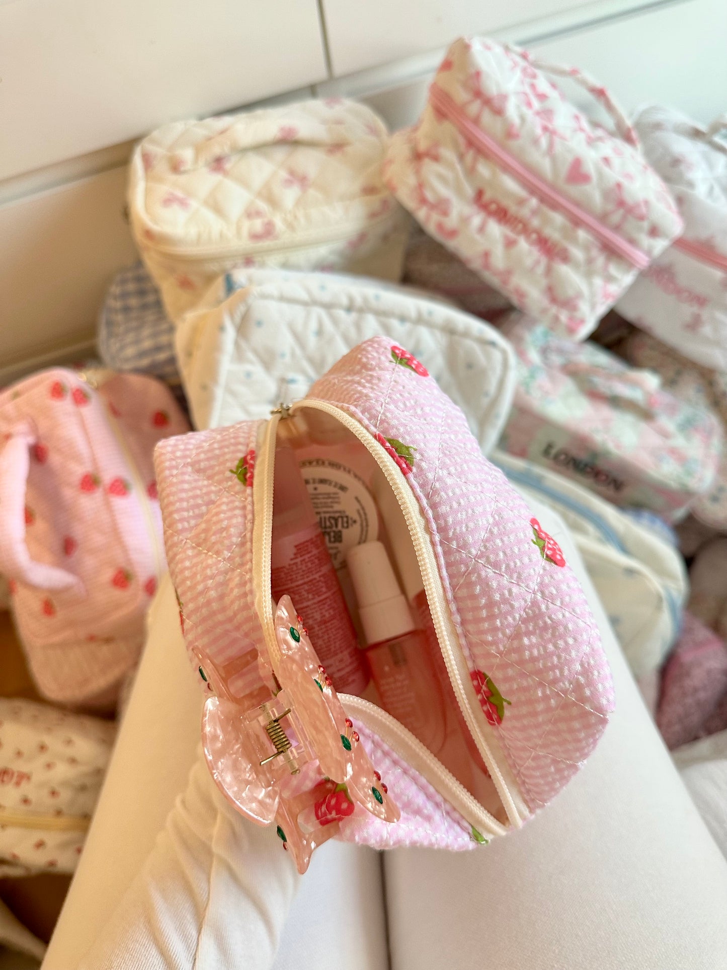 Pink strawberry makeup bag