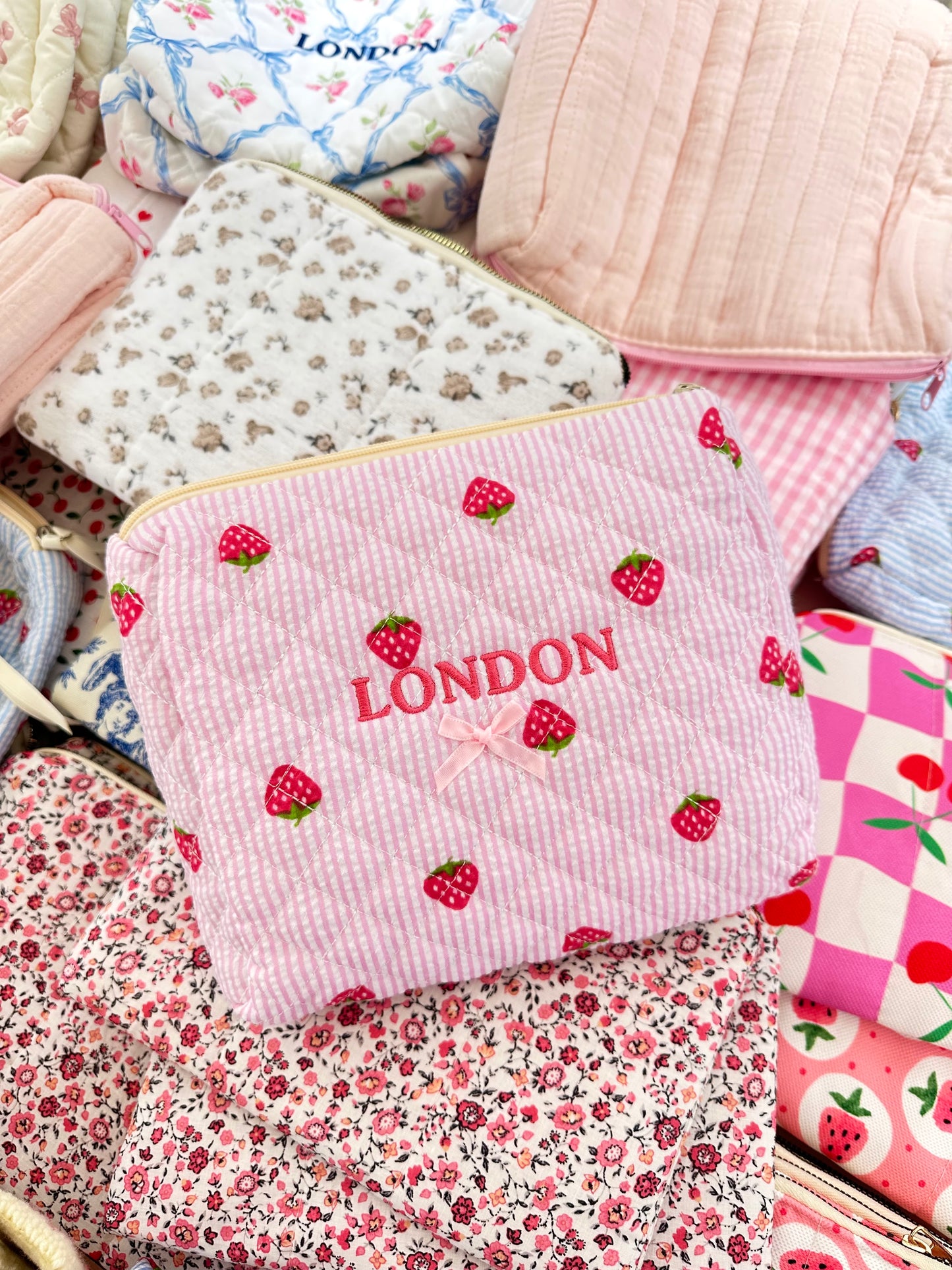 Pink strawberry makeup bag
