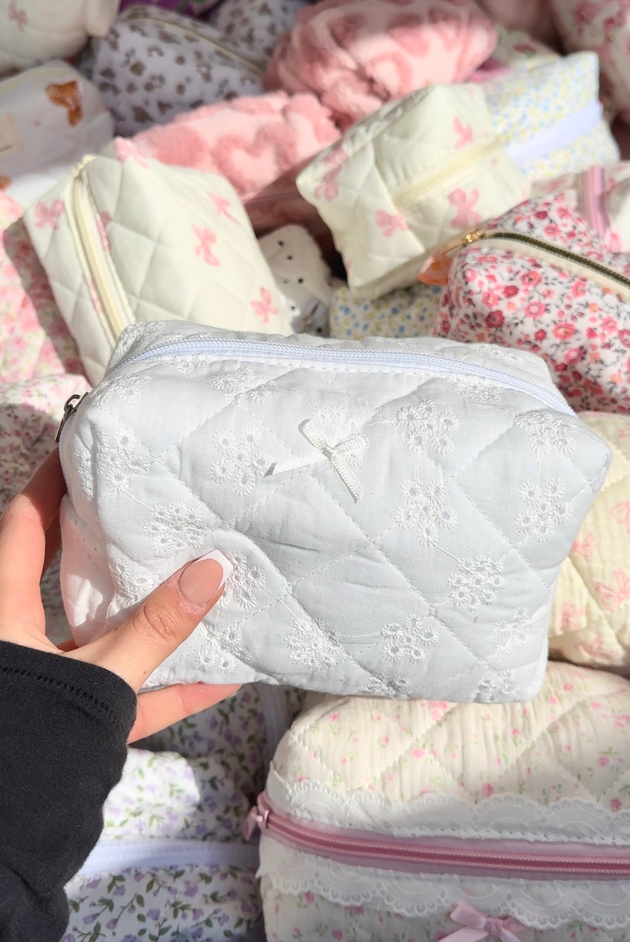 All white flower makeup bag