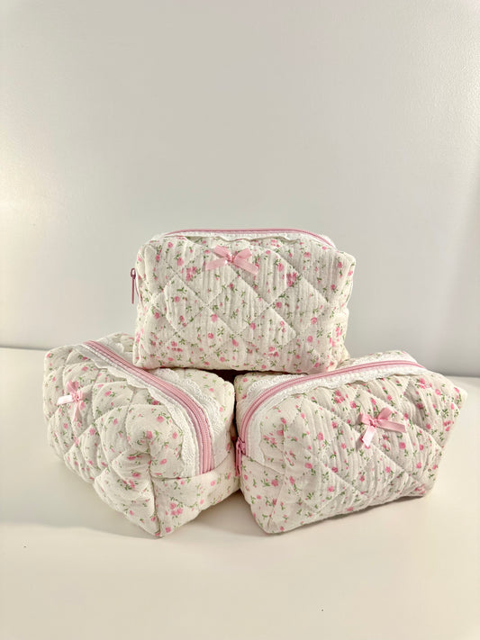 Pink floral bow makeup bag