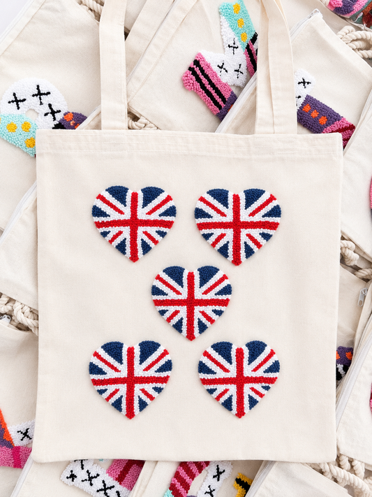 Union Jack hearts tote bag